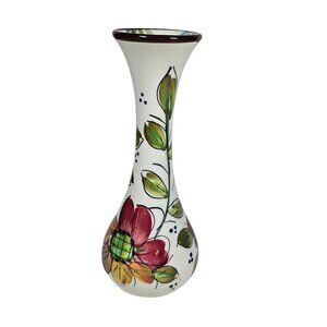 Hand Painted Pottery Bud Vase Spain 8 inch Floral Boho Cottagecore Decor Vintage